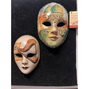 Vintage Venezia Venice Italy Ceramic Painted Mask Wall Hanging Set 2
